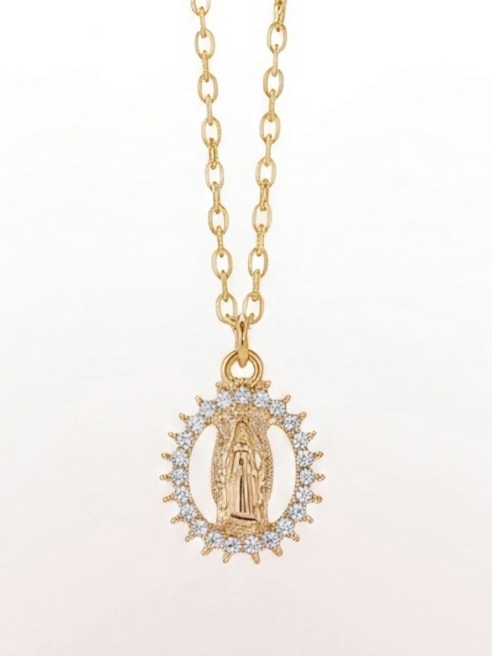 Gold Virgin Mary Pendant Necklace with Crystal Halo